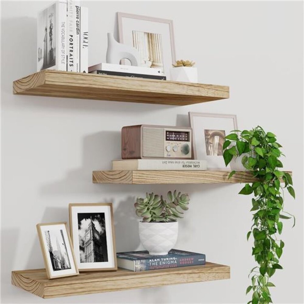 Wood Floating Shelves for Wall Set of 3, 17 Inch Wide Rustic Wooden Floating